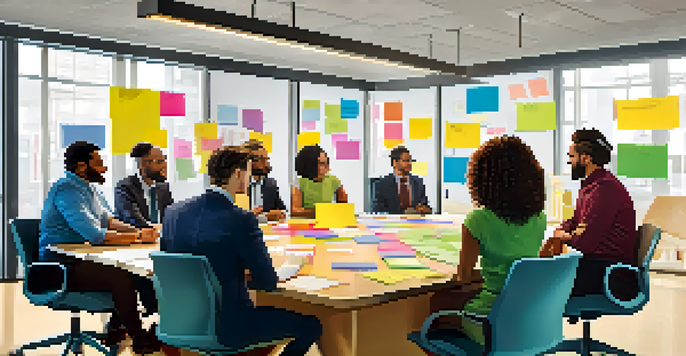 A diverse group of employees engaged in a discussion, with visible charts and post-it notes around them.
