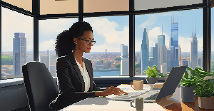 A professional woman working on a laptop at a modern desk with a city skyline in the background, showcasing a vibrant workspace.