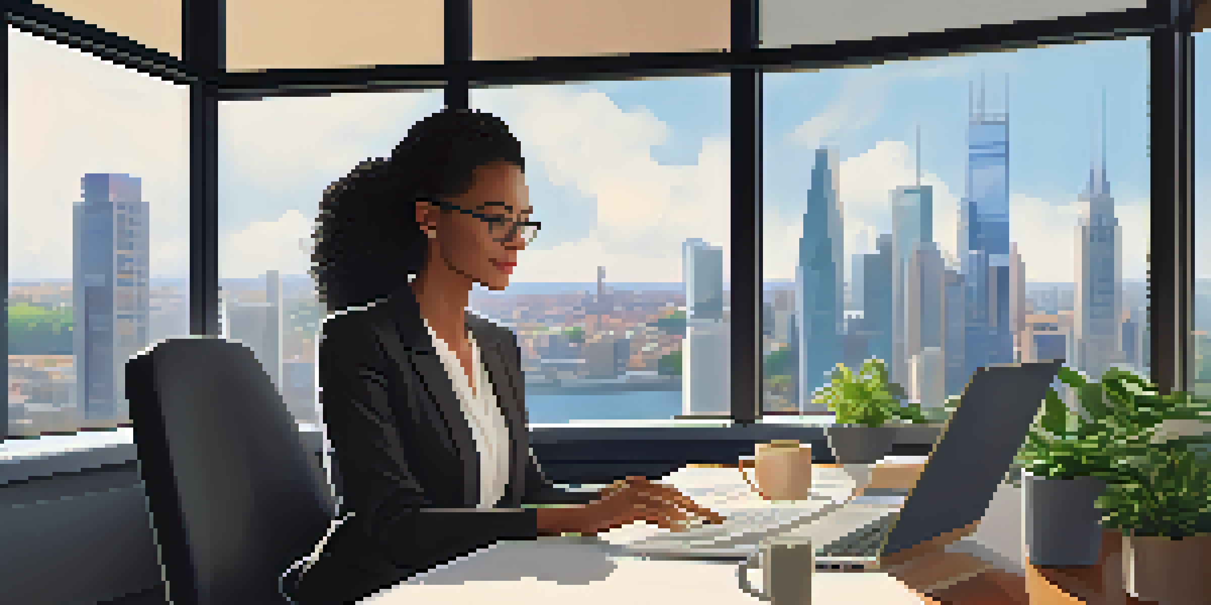 A professional woman working on a laptop at a modern desk with a city skyline in the background, showcasing a vibrant workspace.