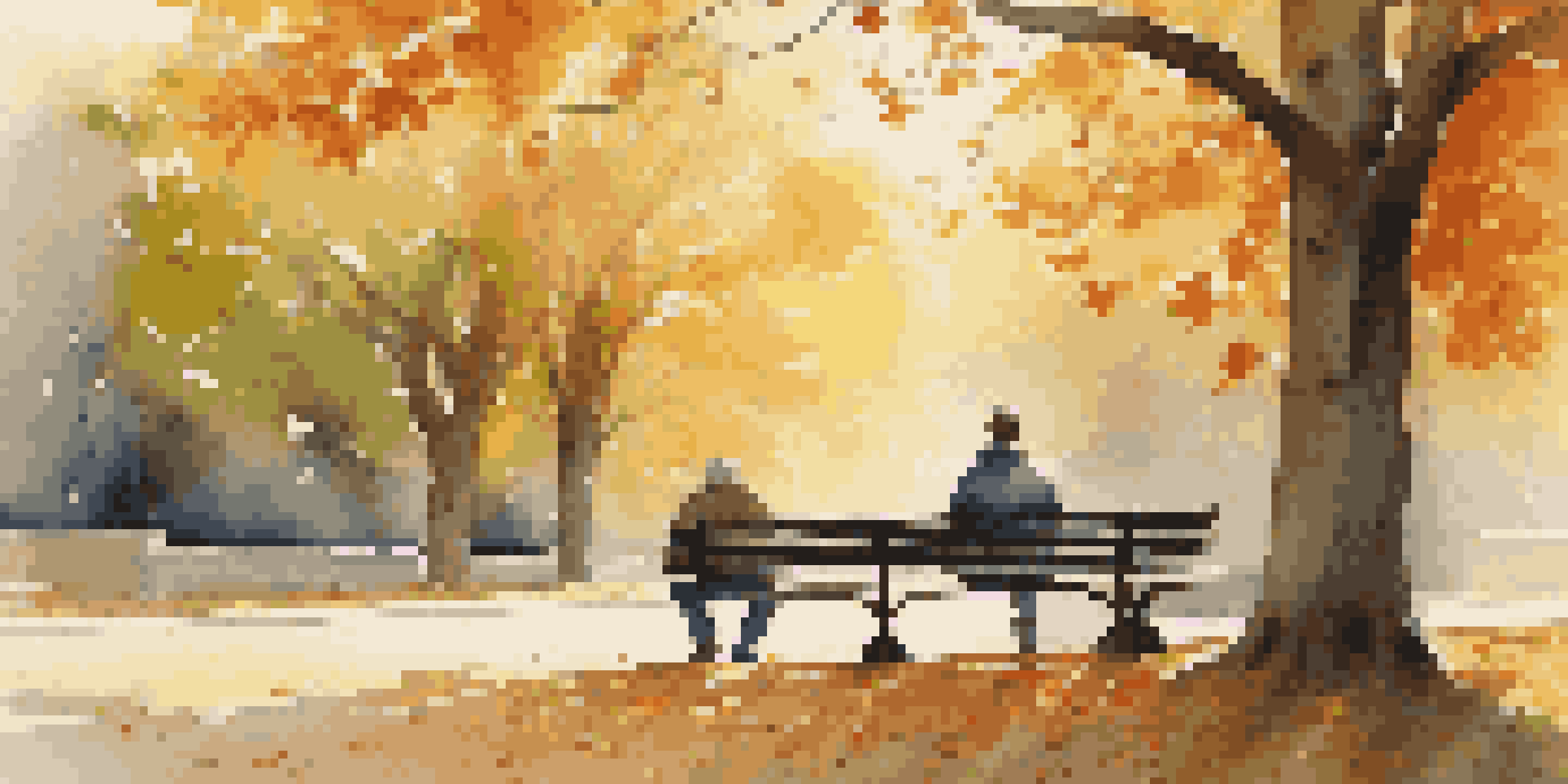 A mentor and mentee sitting on a park bench in an autumn landscape, engaged in conversation with colorful leaves around them.