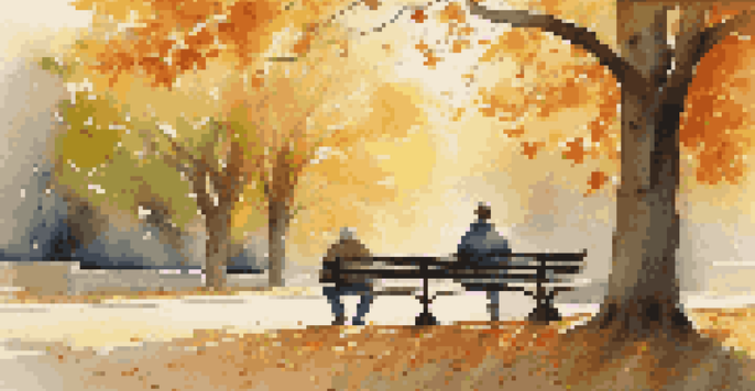 A mentor and mentee sitting on a park bench in an autumn landscape, engaged in conversation with colorful leaves around them.