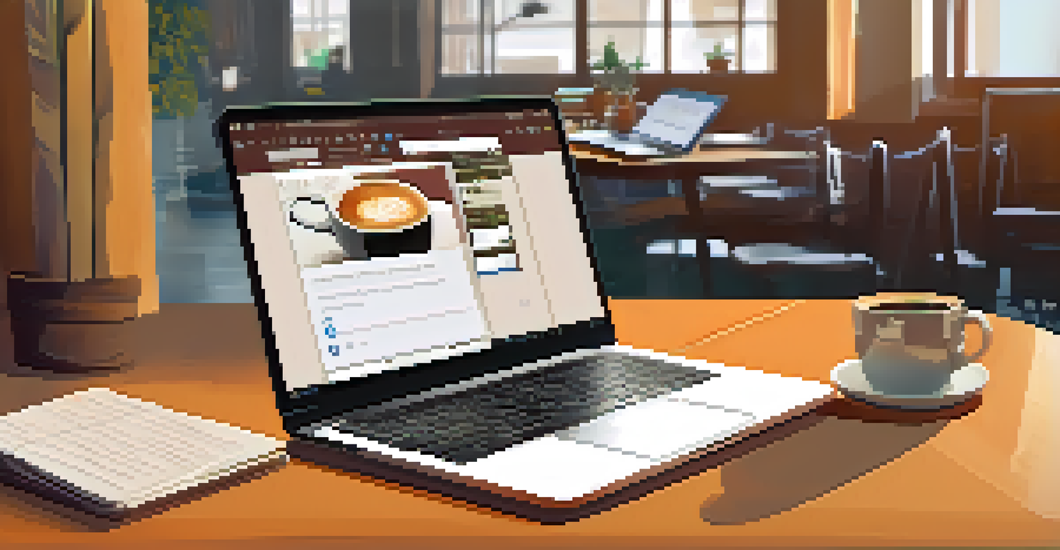 A close-up of a hand typing an email on a laptop, with a coffee cup nearby, in a cozy workspace.