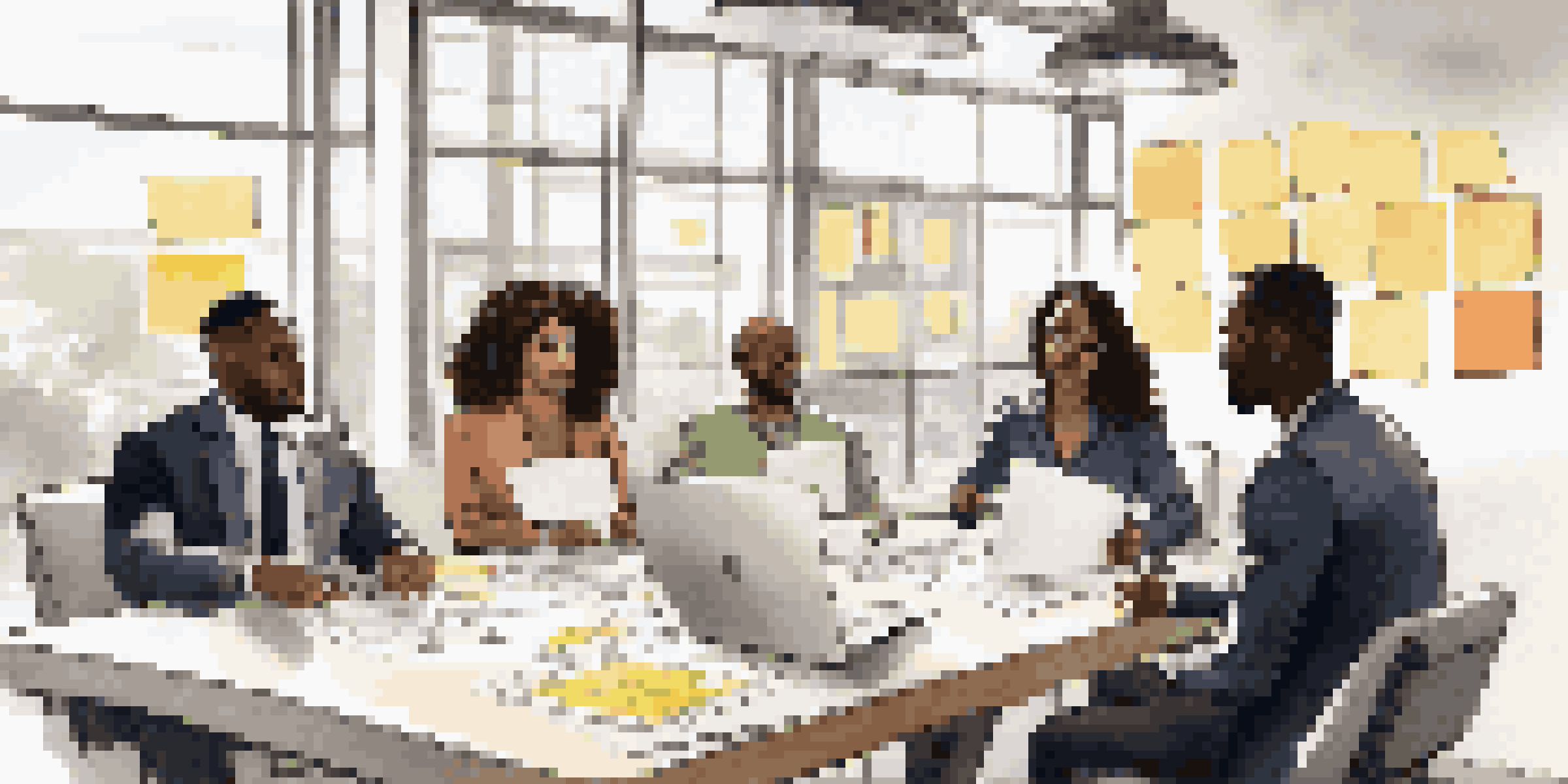A diverse group of young professionals collaborating in a bright conference room, surrounded by sticky notes and laptops.
