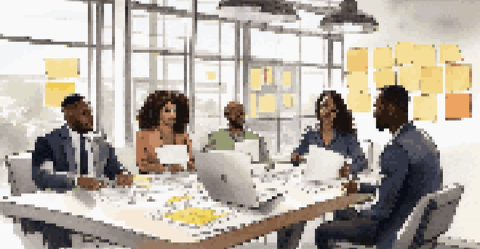 A diverse group of young professionals collaborating in a bright conference room, surrounded by sticky notes and laptops.