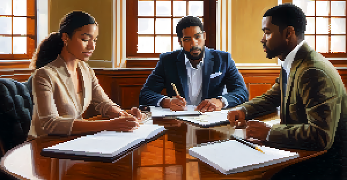 A close-up image of two individuals negotiating at a table, showing one person listening attentively while taking notes, with a plant in the background.