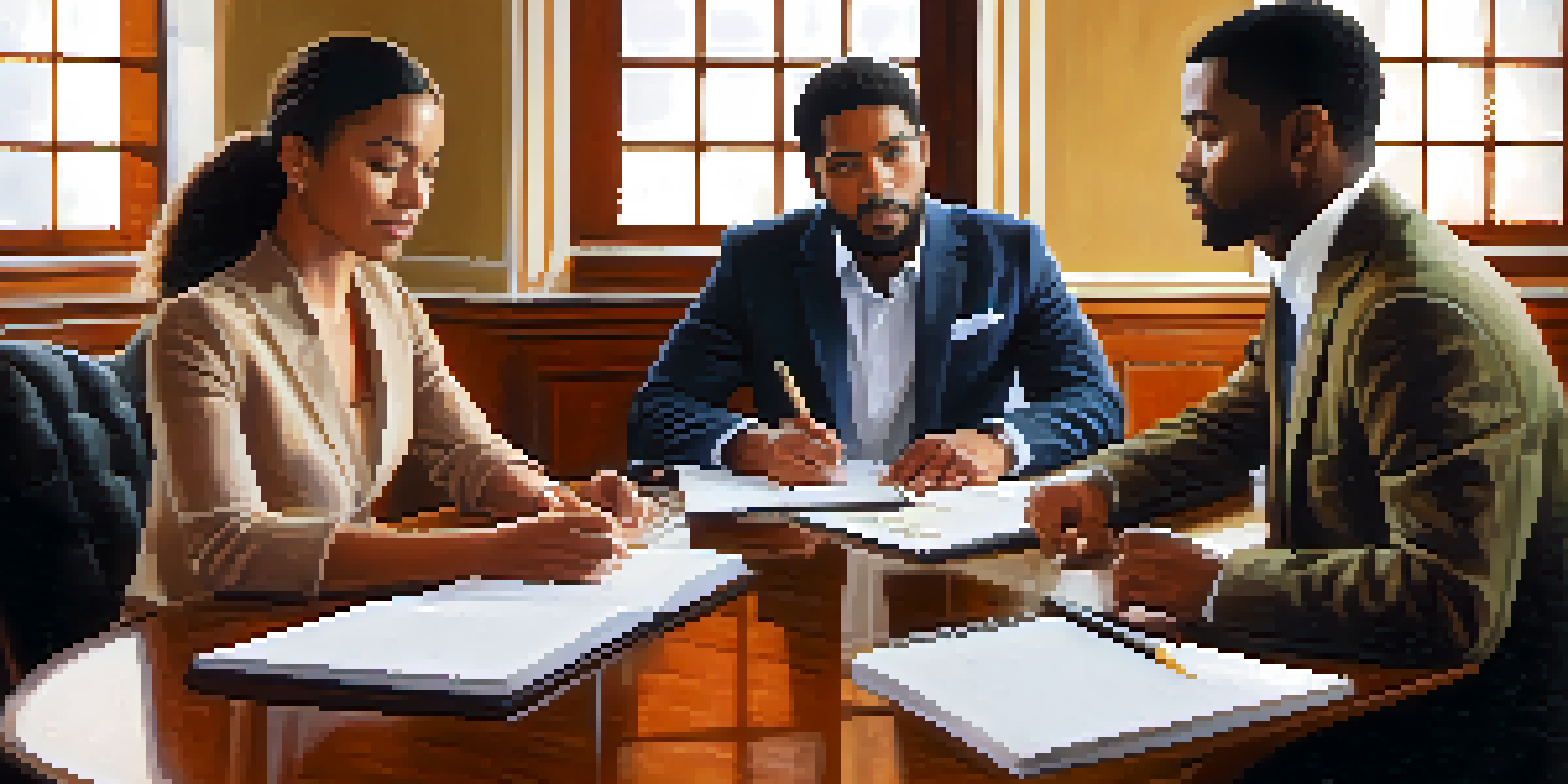 A close-up image of two individuals negotiating at a table, showing one person listening attentively while taking notes, with a plant in the background.