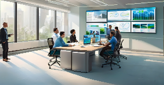 A bright modern office with a diverse group of professionals in a video conference, showcasing digital collaboration tools and a contemporary design.