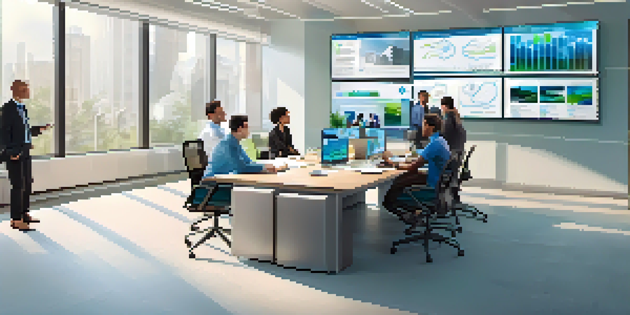 A bright modern office with a diverse group of professionals in a video conference, showcasing digital collaboration tools and a contemporary design.