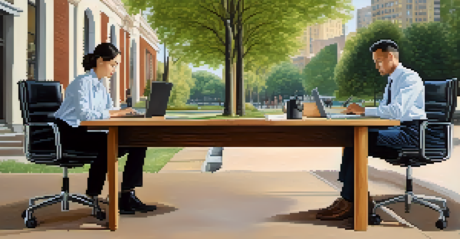 A split image showing a person at a traditional office desk on one side and enjoying coffee at a park with a laptop on the other side.