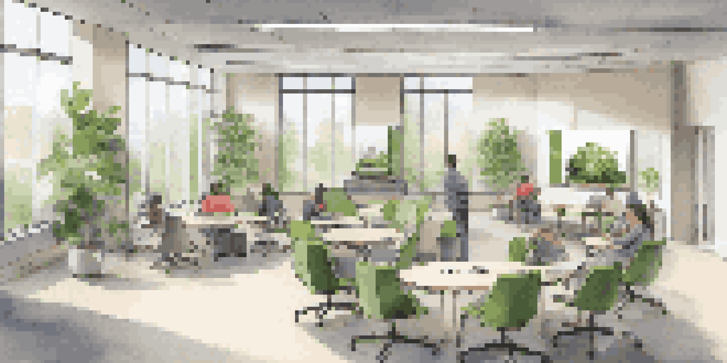 A bright and airy modern workspace with modular furniture in a circular arrangement, large windows allowing natural light, and technology for collaboration.