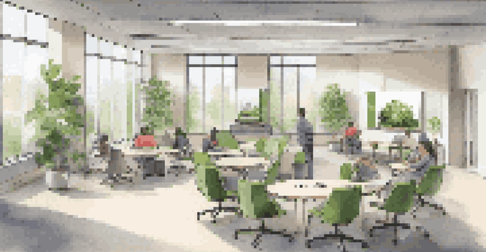 A bright and airy modern workspace with modular furniture in a circular arrangement, large windows allowing natural light, and technology for collaboration.
