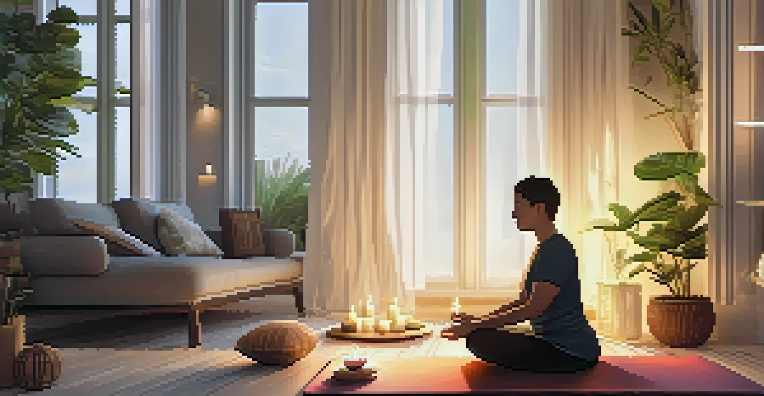 A person meditating on a yoga mat in a peaceful living room with candles and cushions.