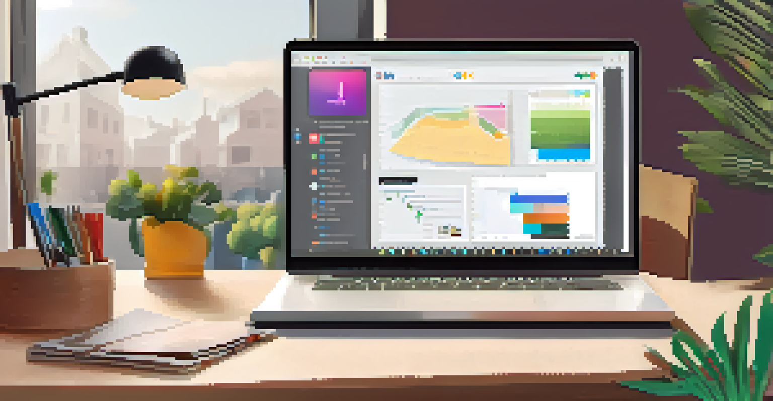 A laptop screen displaying a colorful digital collaboration tool interface with messaging, file sharing, and project management features in a cozy home office.