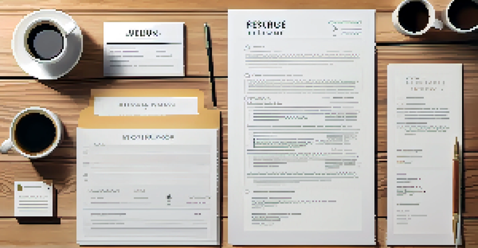 A neatly arranged resume on a wooden desk with a laptop, notepad, and coffee cup, illuminated by natural sunlight.