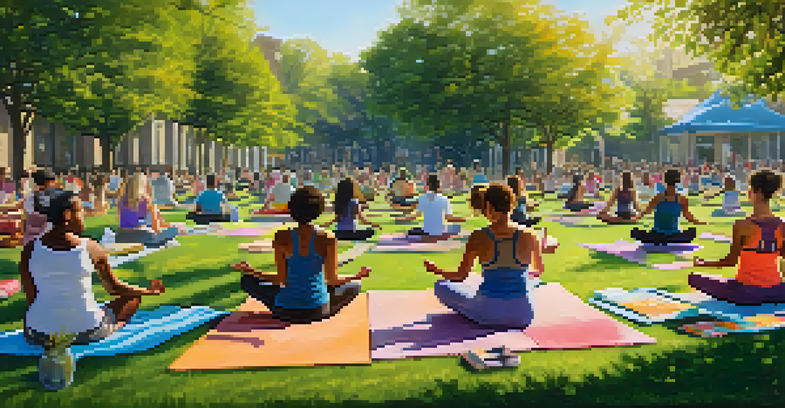 A vibrant park scene with people painting, dancing, and practicing yoga, showcasing a variety of activities that promote growth and creativity.