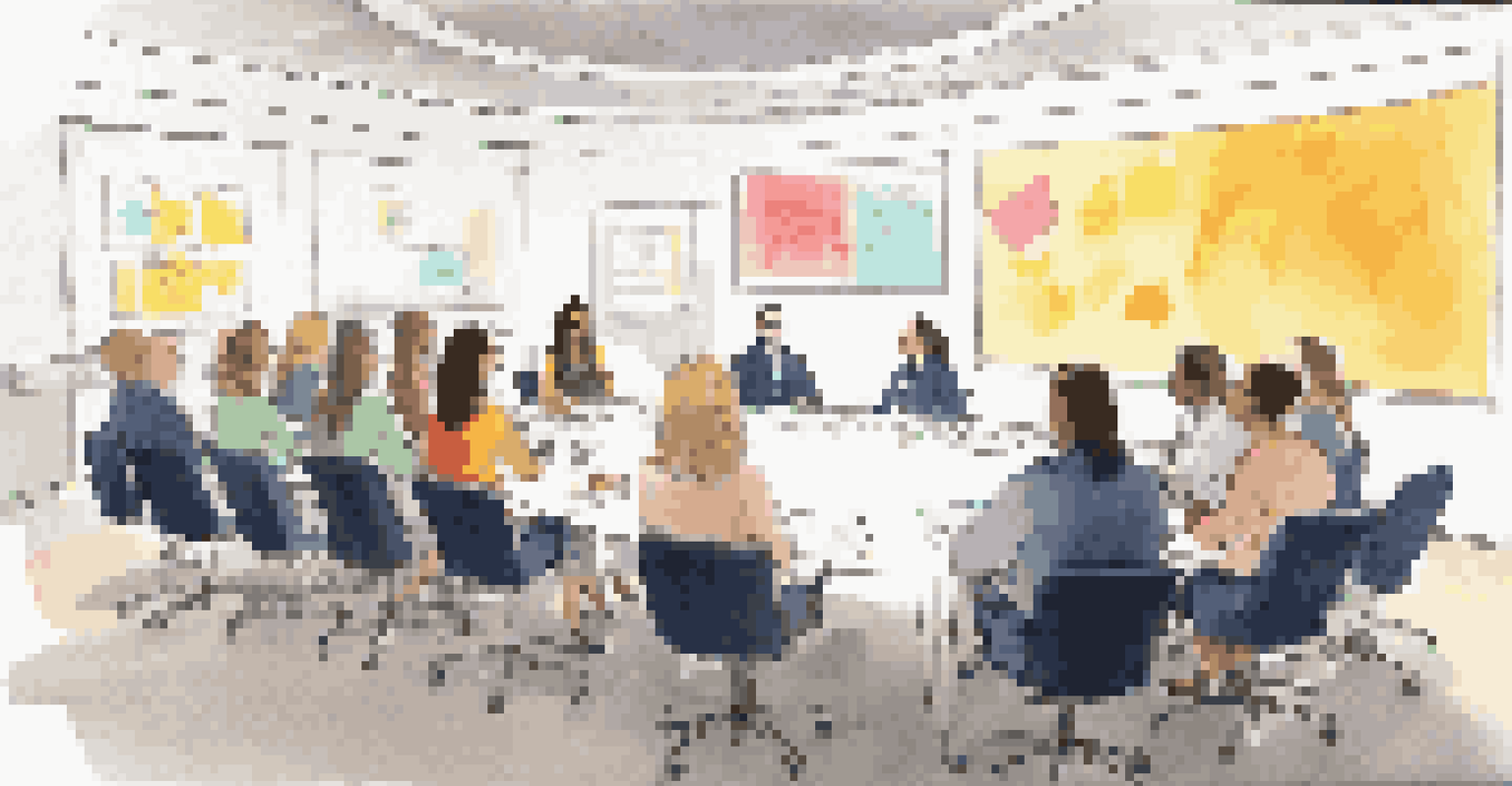 A team meeting with employees listening to a leader presenting feedback on a projector screen in a collaborative environment.