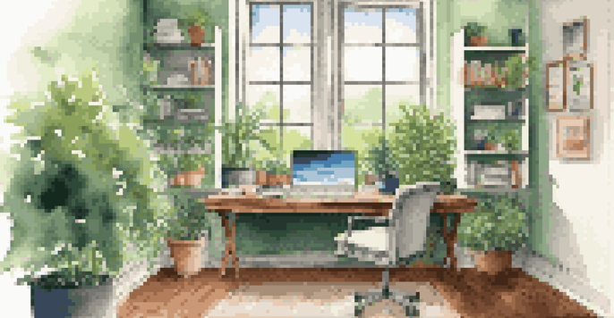 A bright office space featuring a wooden desk with a laptop and a plant, surrounded by natural light from a window overlooking a green garden.