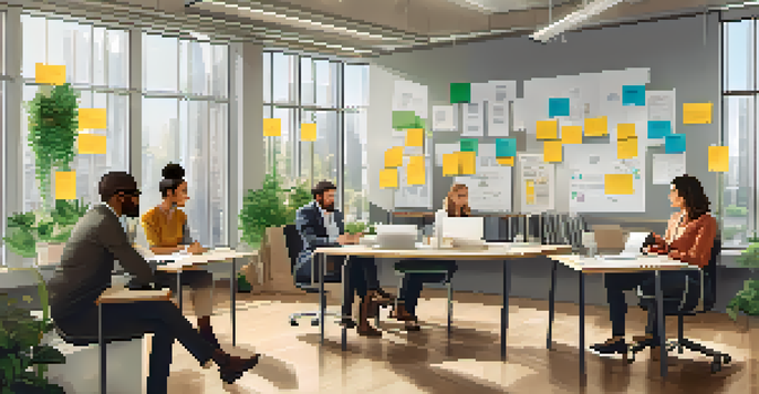 A diverse group of employees in a bright office discussing feedback around a table with post-it notes and laptops.