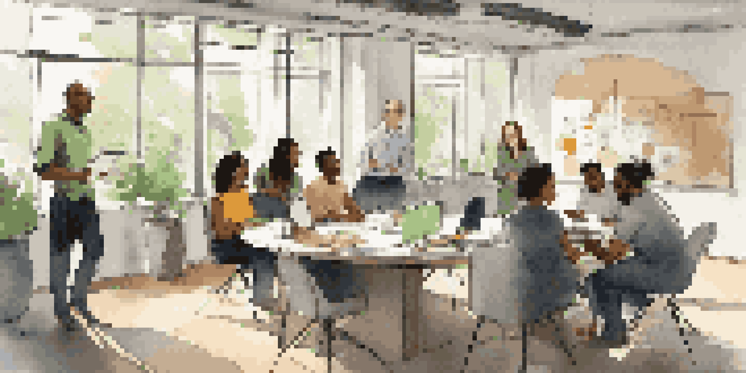 A diverse team in a bright office space collaborating around a table filled with notebooks and laptops, with a whiteboard in the background.