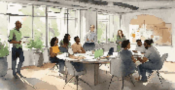 A diverse team in a bright office space collaborating around a table filled with notebooks and laptops, with a whiteboard in the background.