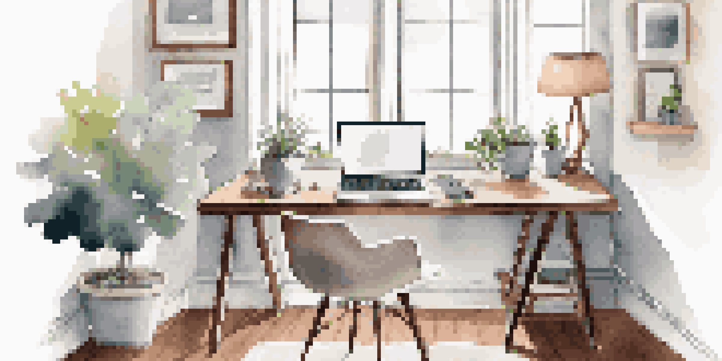 A serene home office setup with a laptop, planner, and natural light.