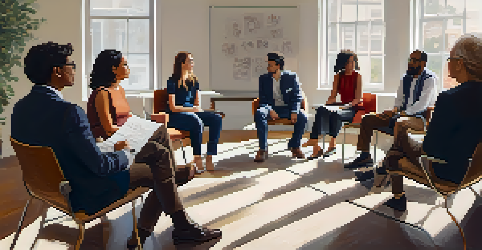 A focus group session with employees seated in a circle, sharing thoughts in a warmly lit room.