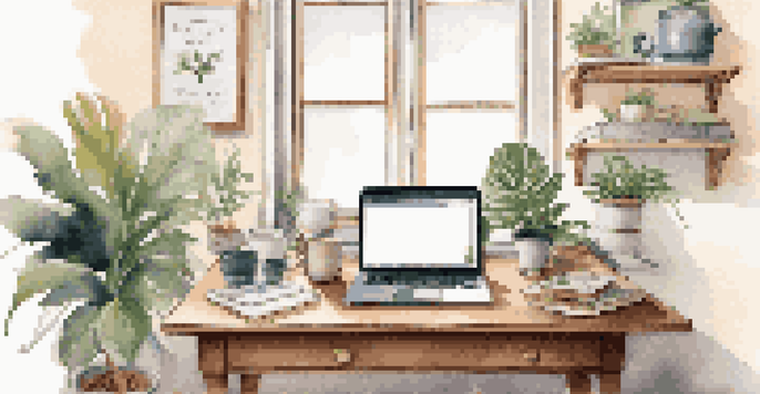 A cozy and inspiring home office with a laptop, houseplants, and a cup of coffee, illuminated by natural light.