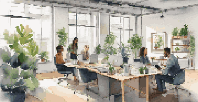 A bright, modern office with large windows, plants, and a diverse group of professionals engaged in a meeting.