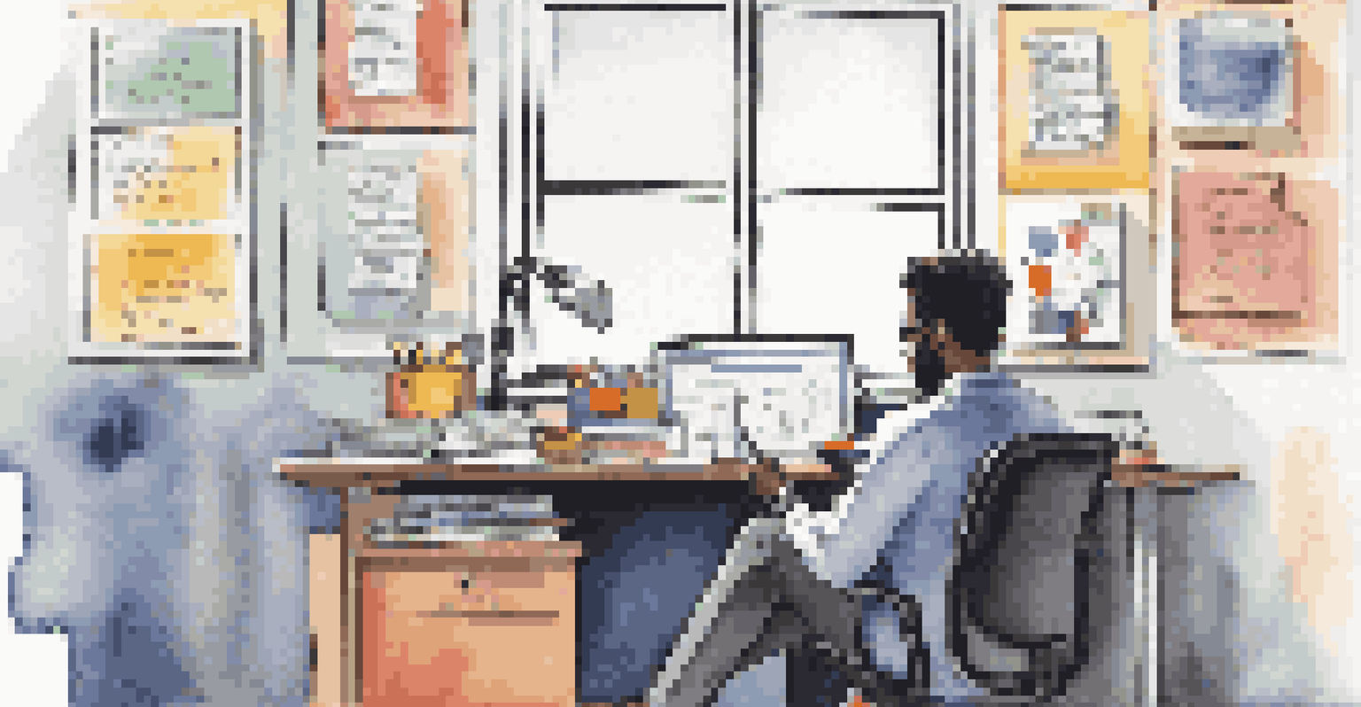 A person writing in a notebook at a desk filled with colorful office supplies and a motivational poster.