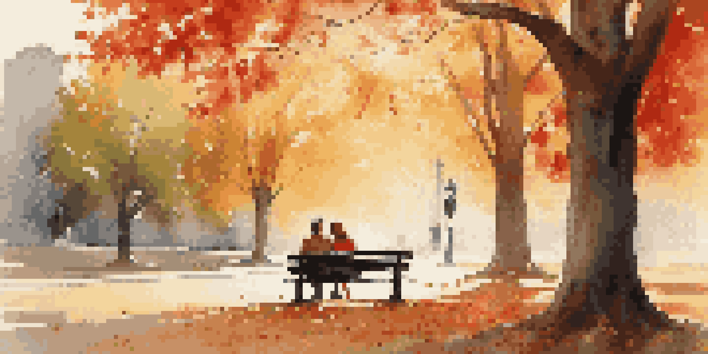 A couple sitting on a bench in an autumn park, surrounded by colorful leaves and sunlight filtering through the trees.