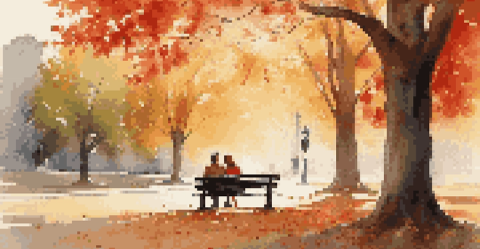 A couple sitting on a bench in an autumn park, surrounded by colorful leaves and sunlight filtering through the trees.