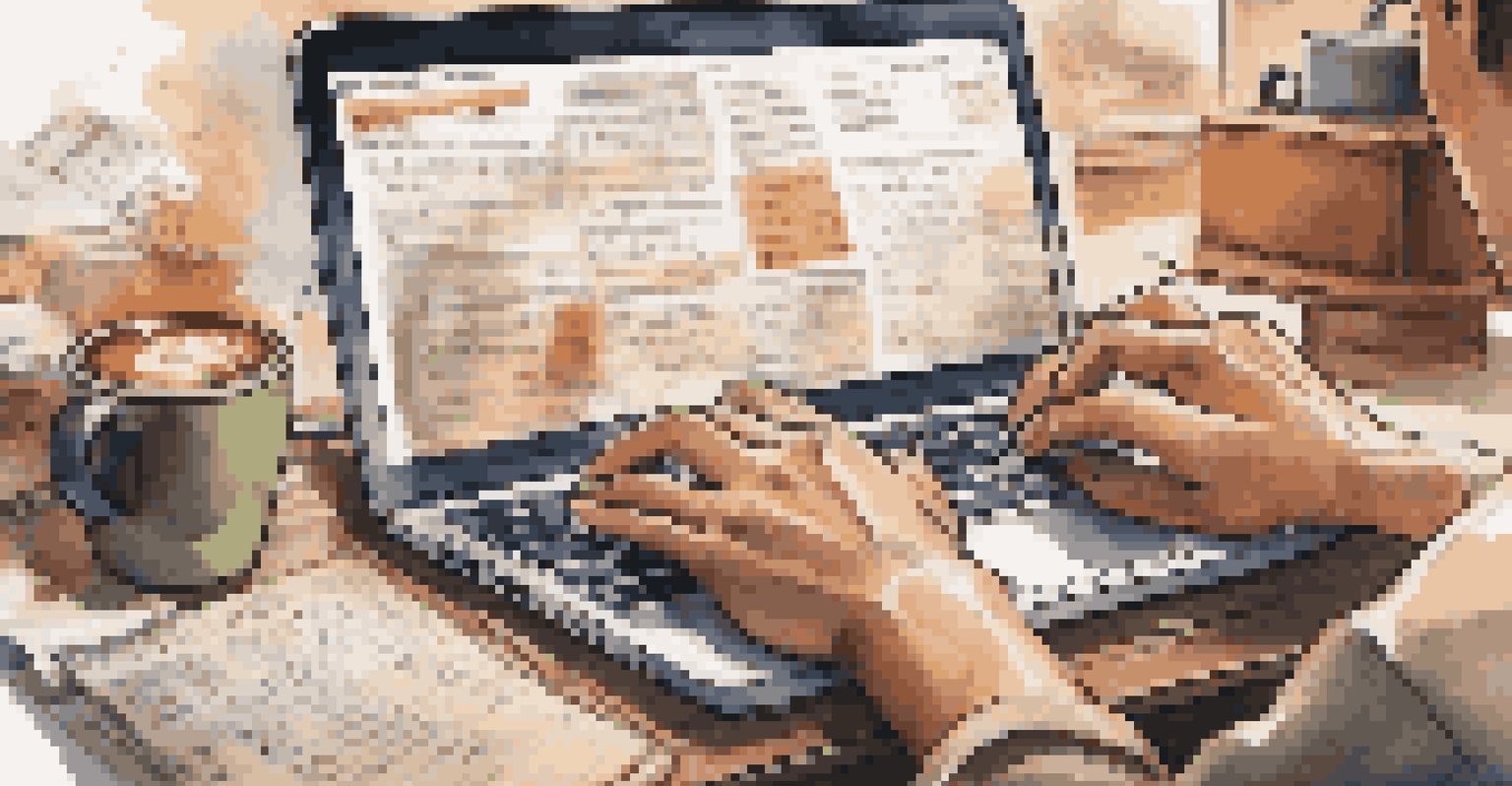 A close-up of a gig worker's hands typing on a laptop surrounded by notes and coffee, with a warm and inviting workspace background.