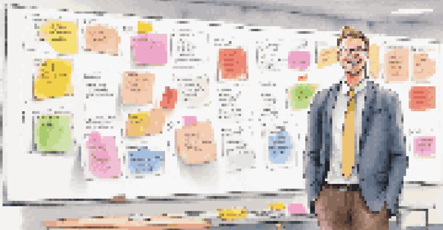 A confident individual in front of a whiteboard filled with sticky notes about personal values and skills, smiling in a vibrant office setting.