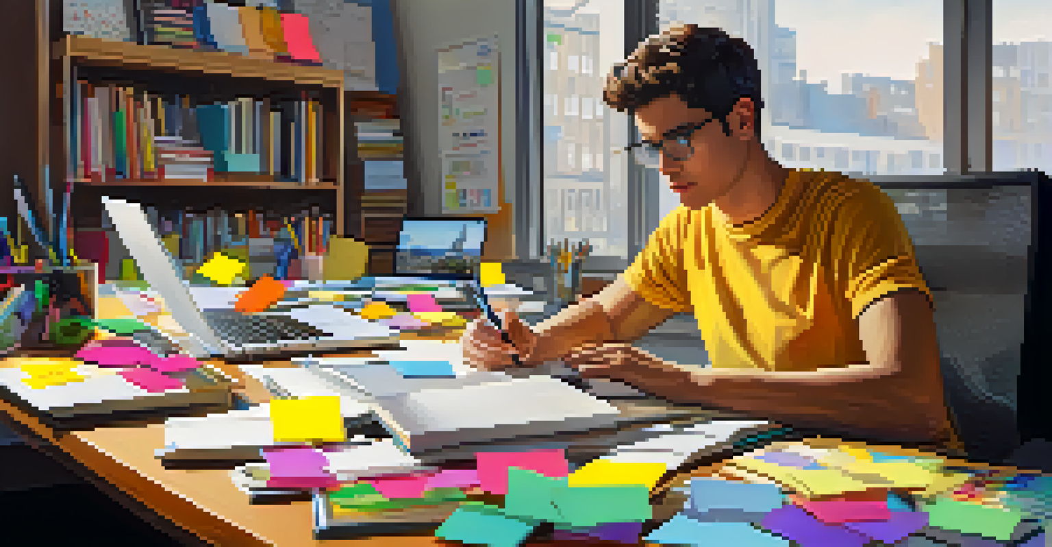 An intern working on a project at a cluttered desk filled with notebooks and a laptop.