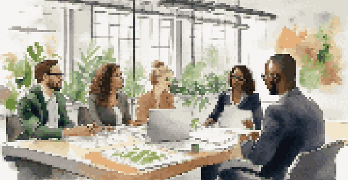 A diverse group of professionals collaborating in a well-lit modern office, discussing career development with charts and notes on the table.