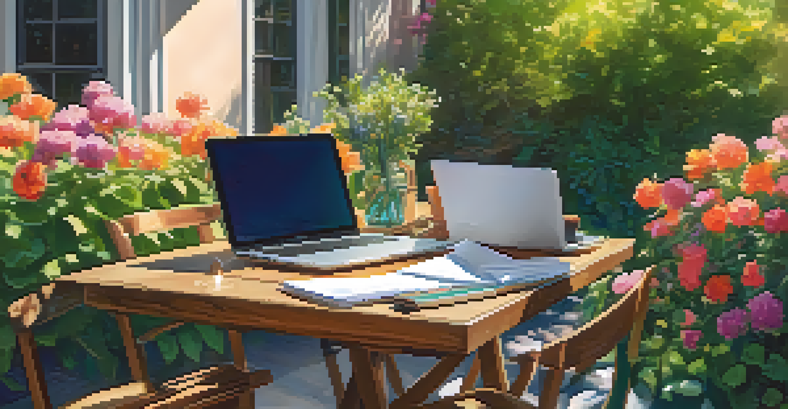 An outdoor workspace in a garden with a table, laptop, and a person working among flowers and greenery.