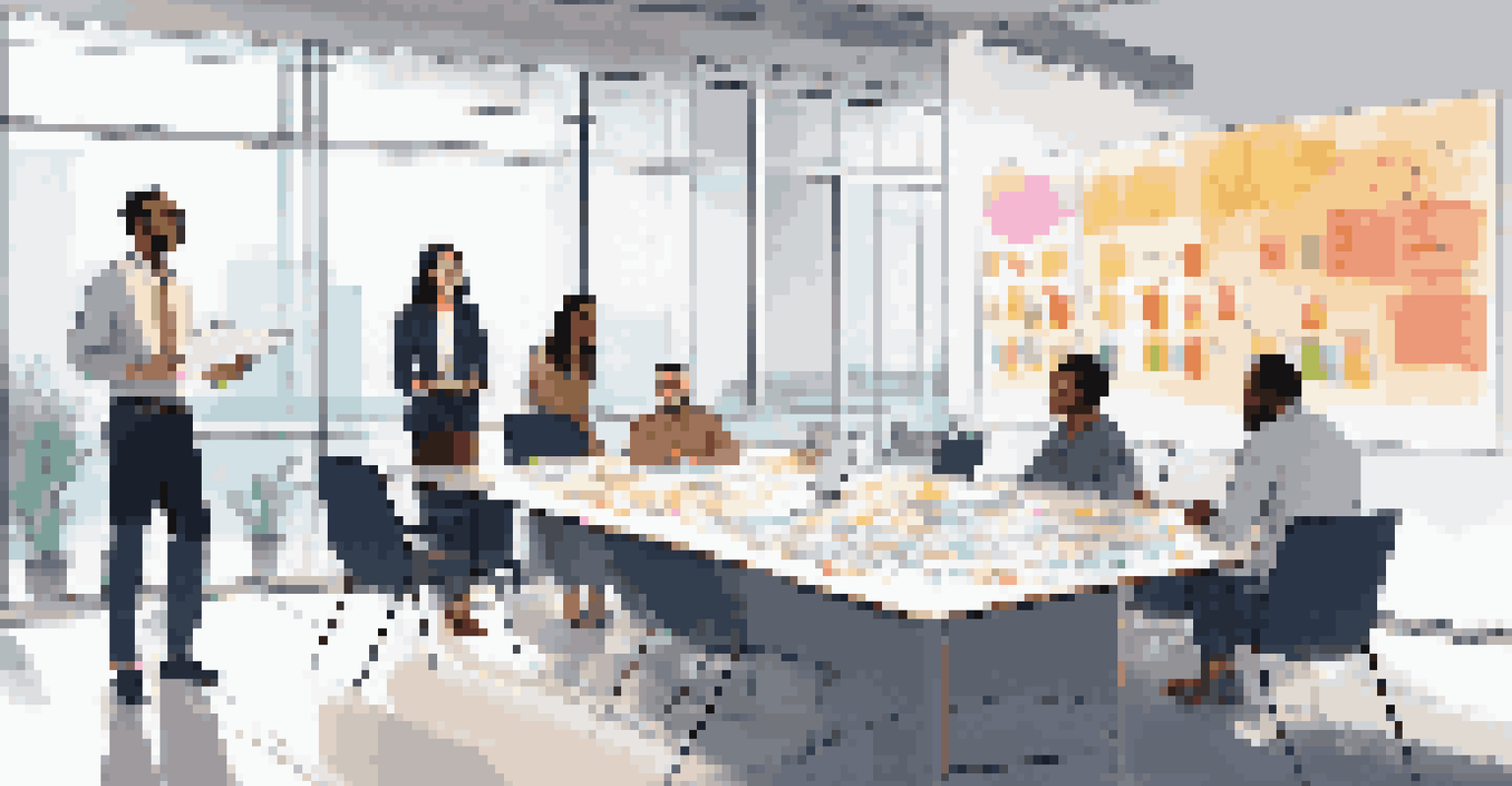 A diverse team in a conference room with a young Asian woman leading a discussion using a digital presentation.