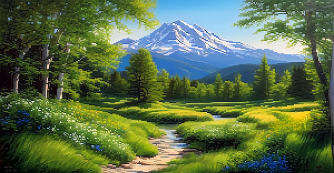 A peaceful forest scene with a winding path, sunlight filtering through the trees, and colorful wildflowers.