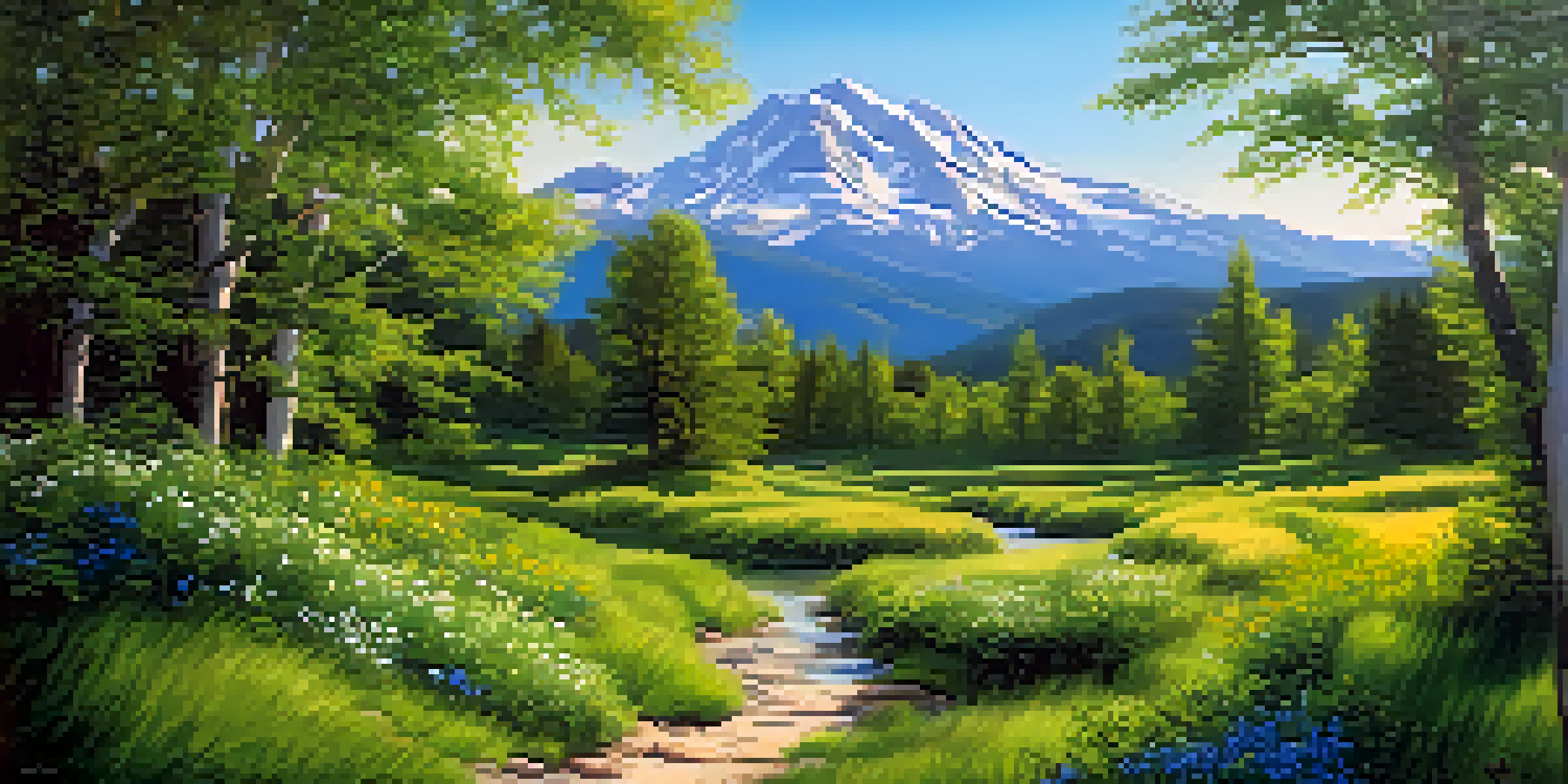 A peaceful forest scene with a winding path, sunlight filtering through the trees, and colorful wildflowers.