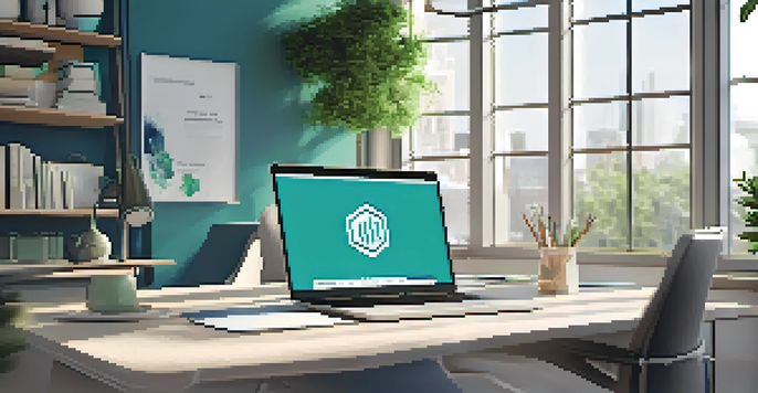 A bright modern workspace with a laptop and notepad on a desk, featuring a stylish logo design in the background and natural sunlight illuminating the room.