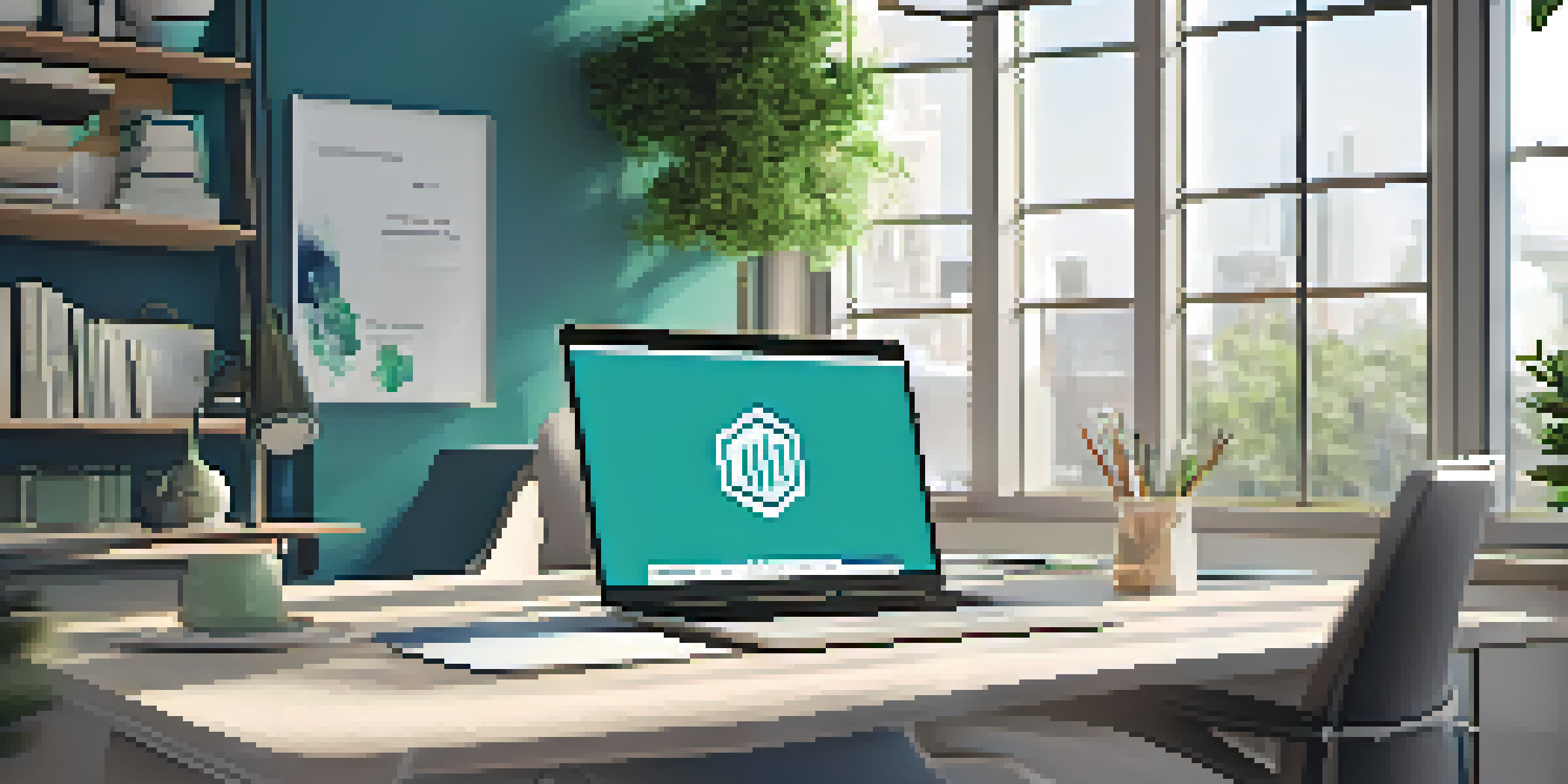 A bright modern workspace with a laptop and notepad on a desk, featuring a stylish logo design in the background and natural sunlight illuminating the room.