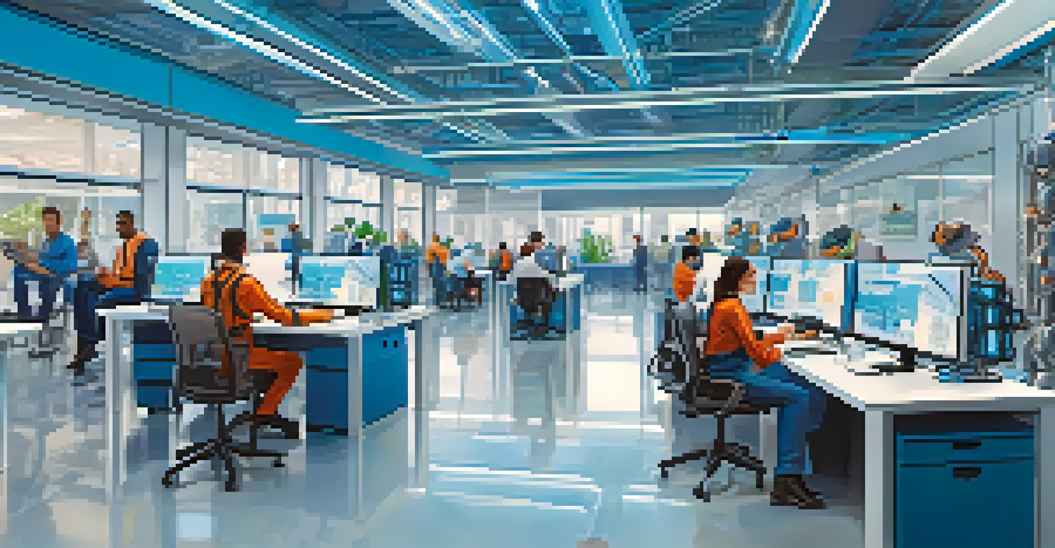 A futuristic workplace where humans and robots collaborate, showcasing advanced technology and a vibrant atmosphere of creativity.