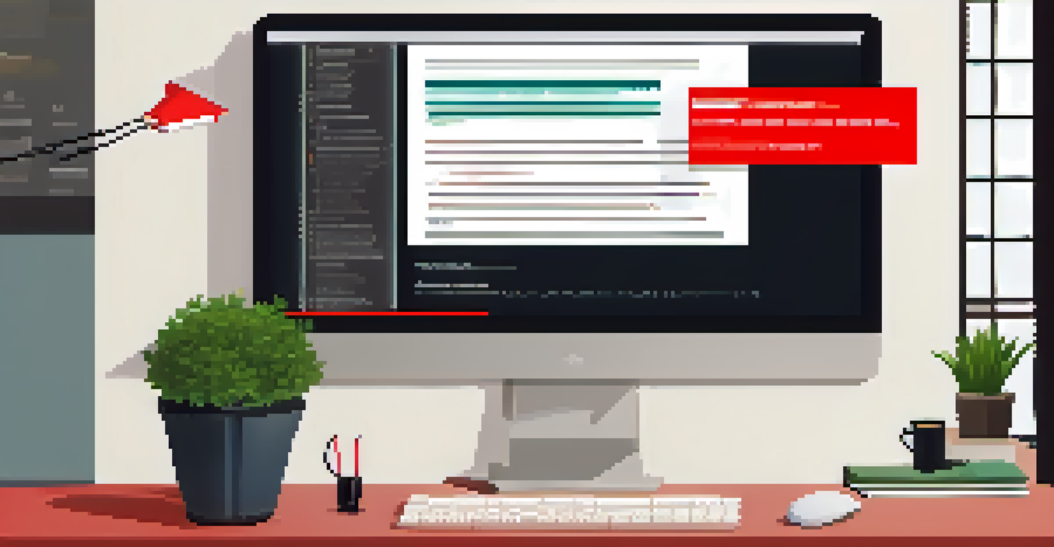 A computer screen showing a simulated phishing email with highlighted red flags, set in a cozy workspace.