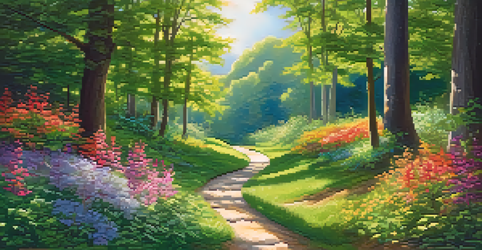 A winding path through a green forest, with sunlight filtering through the leaves and colorful flowers along the sides, symbolizing a career journey.