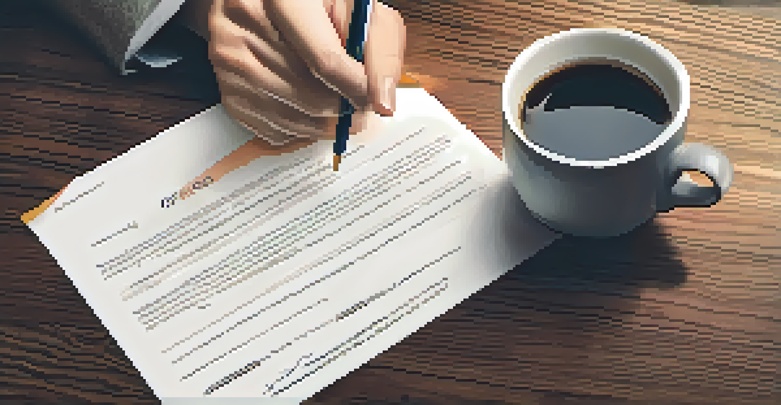 A hand holding a pen over a job offer letter on a wooden table with a smartphone and a cup of tea.