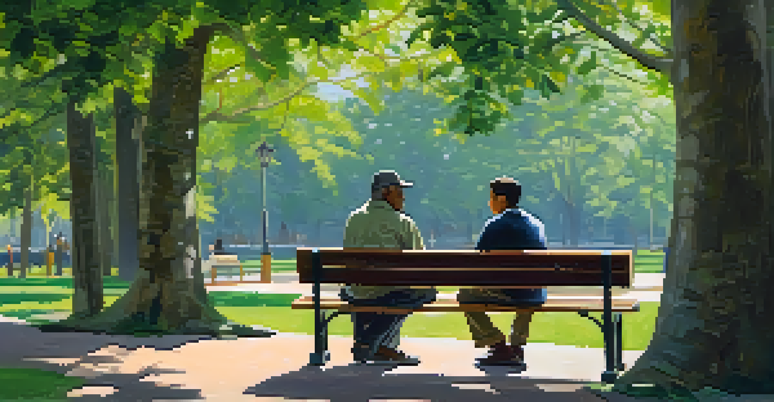 A mentor and mentee sitting on a park bench, engaged in a meaningful conversation amidst lush greenery.