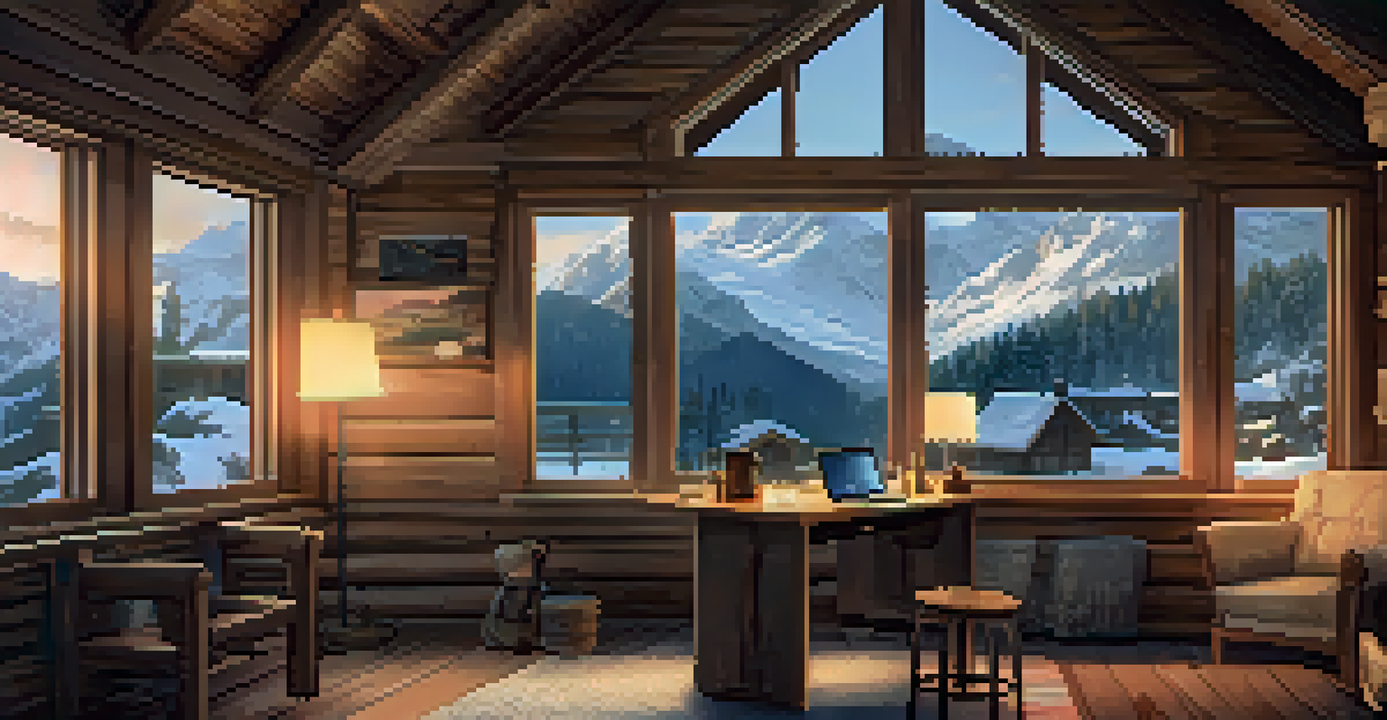 A digital nomad working at a wooden desk in a mountain lodge, with snow-capped peaks visible through large windows and a fireplace glowing nearby.