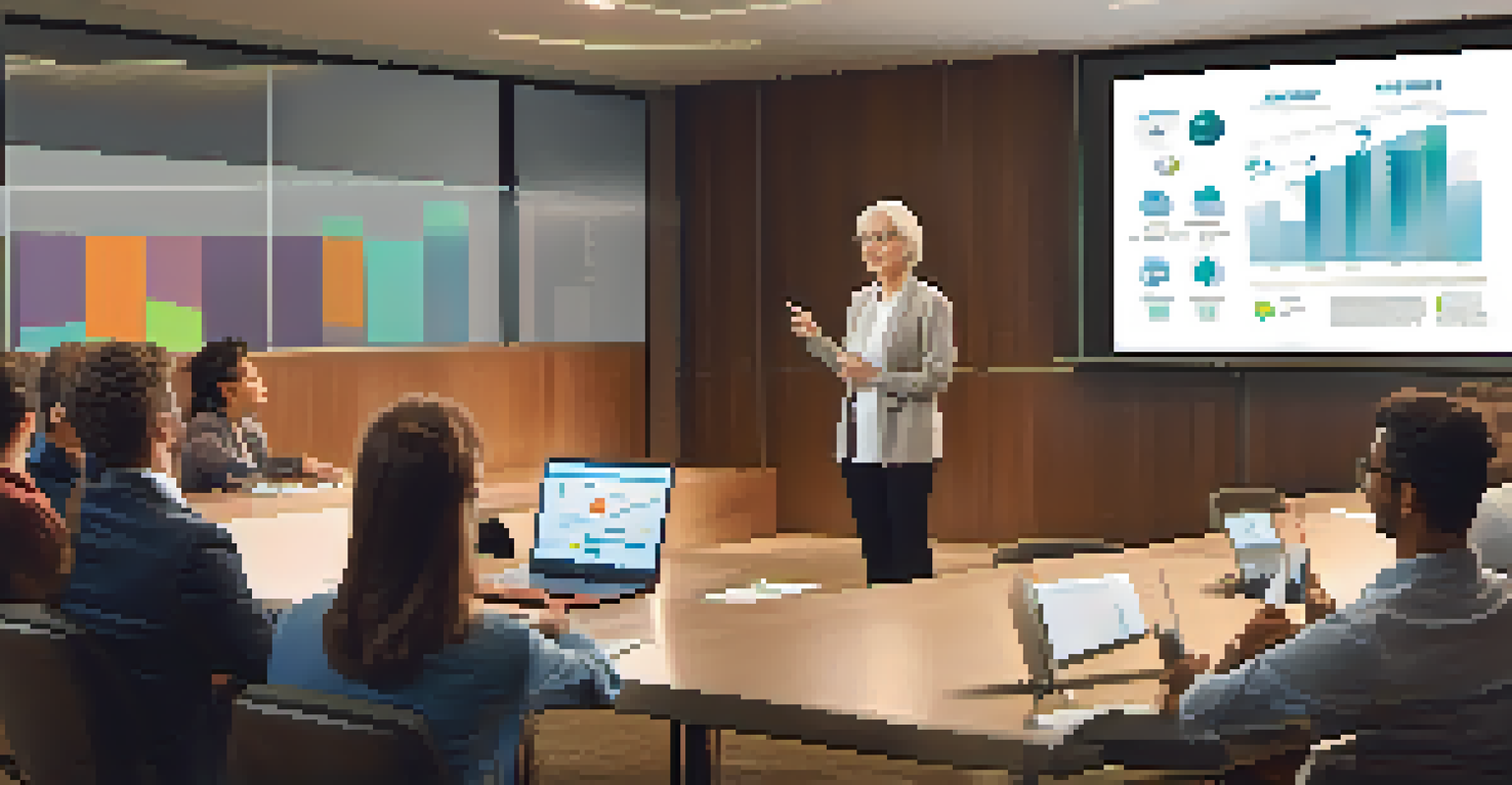 An older woman presenting to a diverse audience in a modern conference room.
