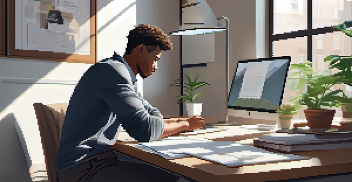 A focused professional working at a modern desk with a laptop, potted plant, and coffee cup, illuminated by soft natural light.
