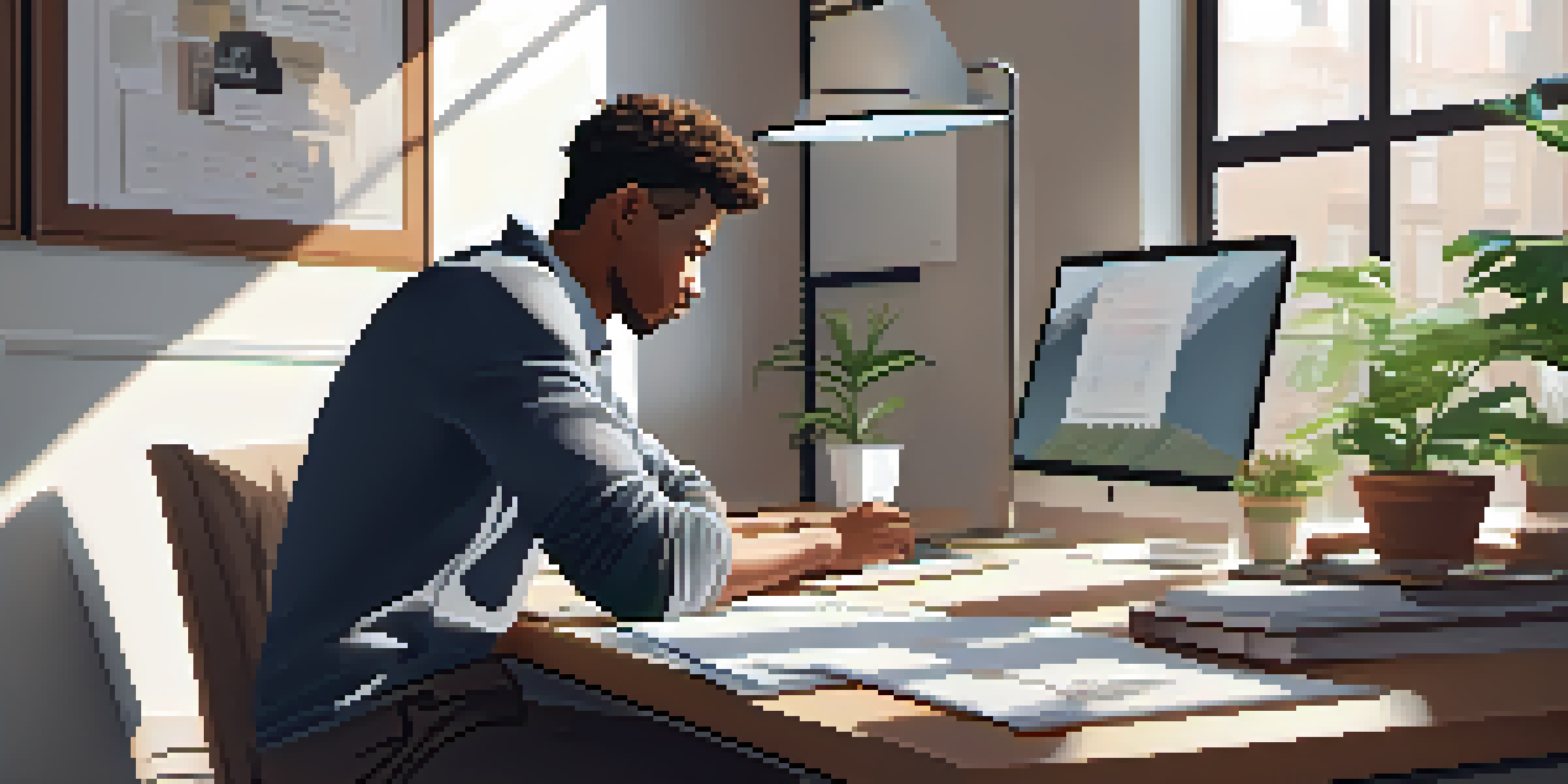 A focused professional working at a modern desk with a laptop, potted plant, and coffee cup, illuminated by soft natural light.